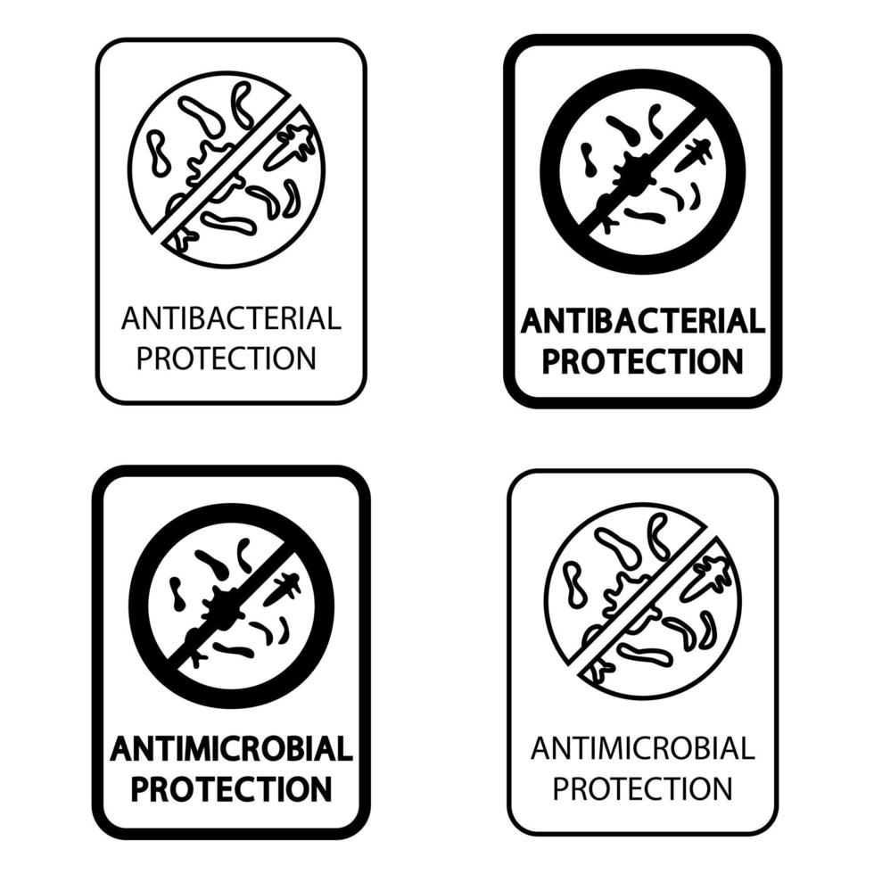 Abzeichen für Material mit antimikrobiellem und antiviralem Schutz antibakterieller Schutz gegen Mikroorganismen resistent Produkt antimikrobielle Beschichtung Schutzinformationsschild Schutzabdeckung vektor