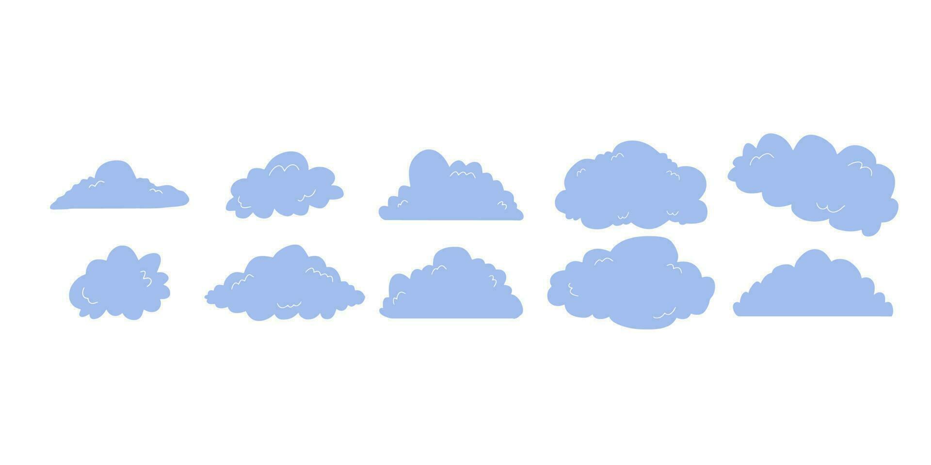 moln silhuetter. samling av olika formulär. design element för de väder prognos, meteorologi, webb gränssnitt eller moln lagring applikationer. vektor