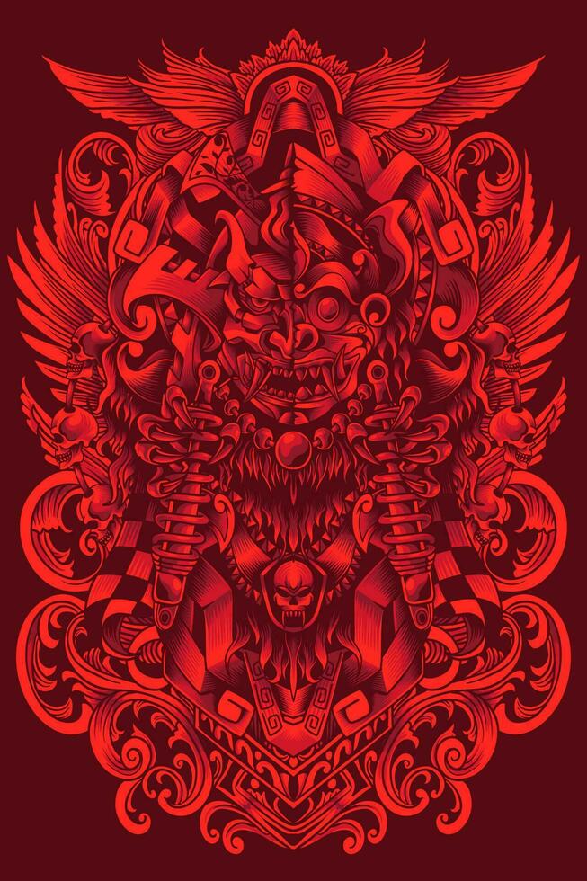 balinesisch Barong rot Kunst Abbildungen kombiniert mit japanisch Samurai vektor