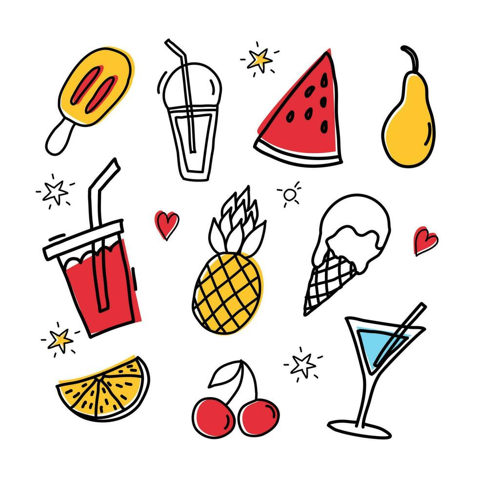 einstellen von süß Essen und trinken Sommer- Symbole. Eis Creme, trinken, Wassermelone, Birne, Ananas, orange, Kirsche und Martini vektor