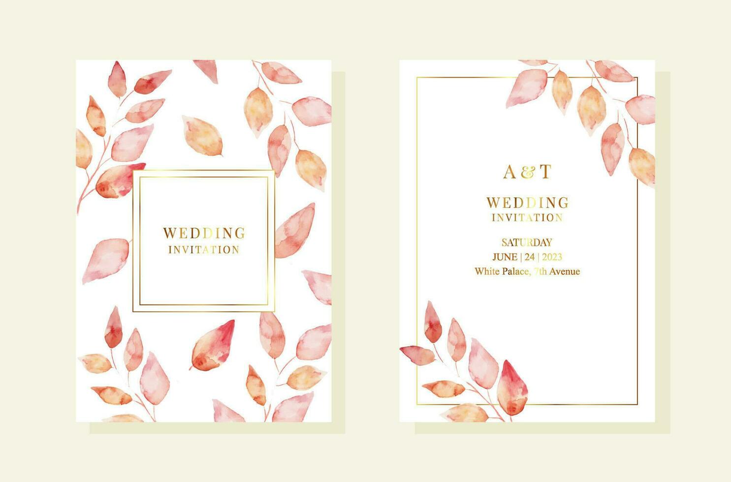 Hochzeit pemplates mit rot Aquarell Blätter. Gold Frames vektor