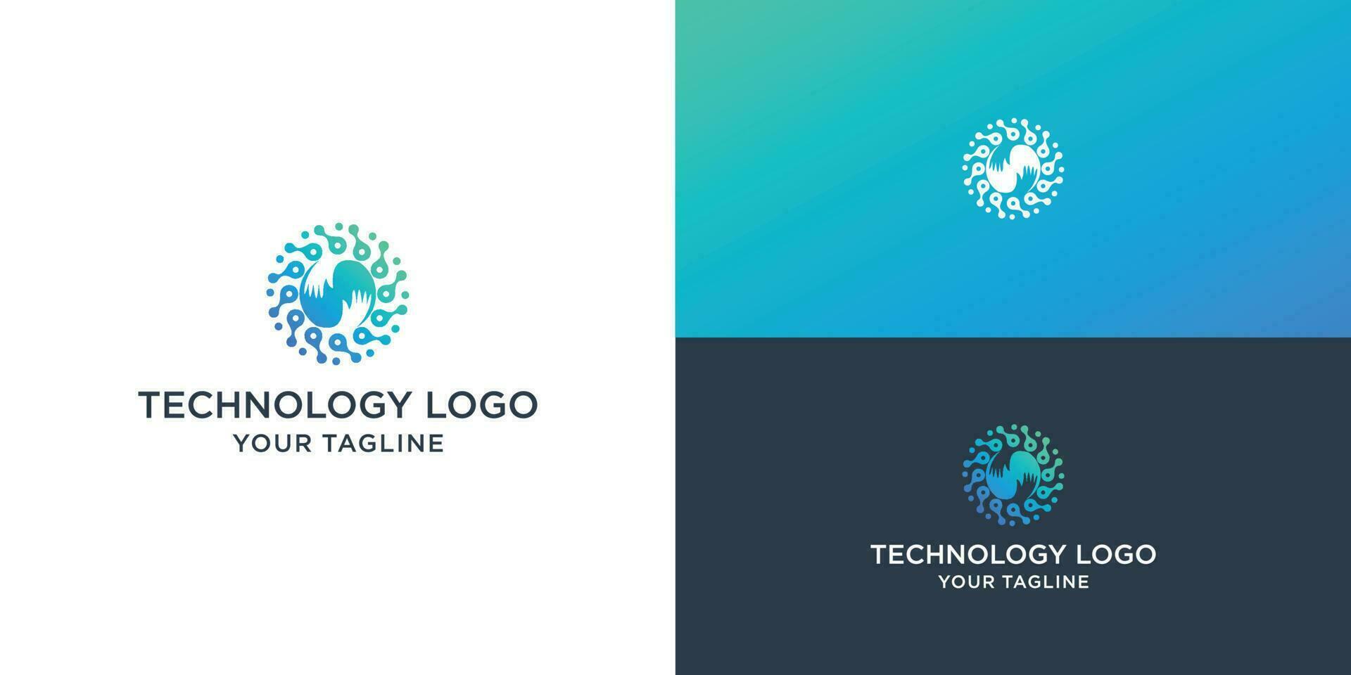 lagarbete logotyp abstrakt två händer portion med teknologi logotyp. cirkel design vektor mall