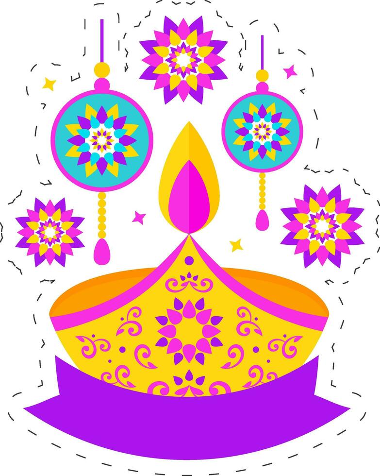 glücklich Diwali Konzept mit zündete Öl Lampe Diya und Mandala Ornament auf Weiß Hintergrund. vektor
