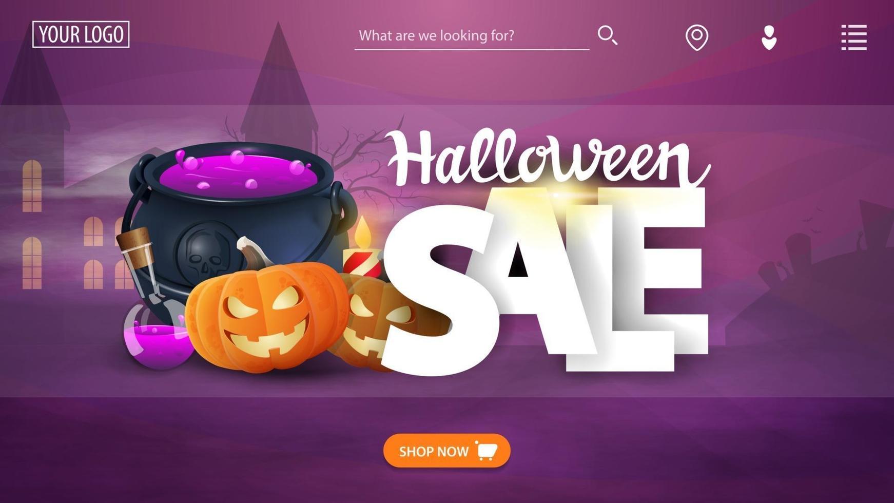Halloween-Verkauf Vorlage die Hauptseite der Website mit dem Rabatt-Banner mit Topf und Kürbis Jack vektor