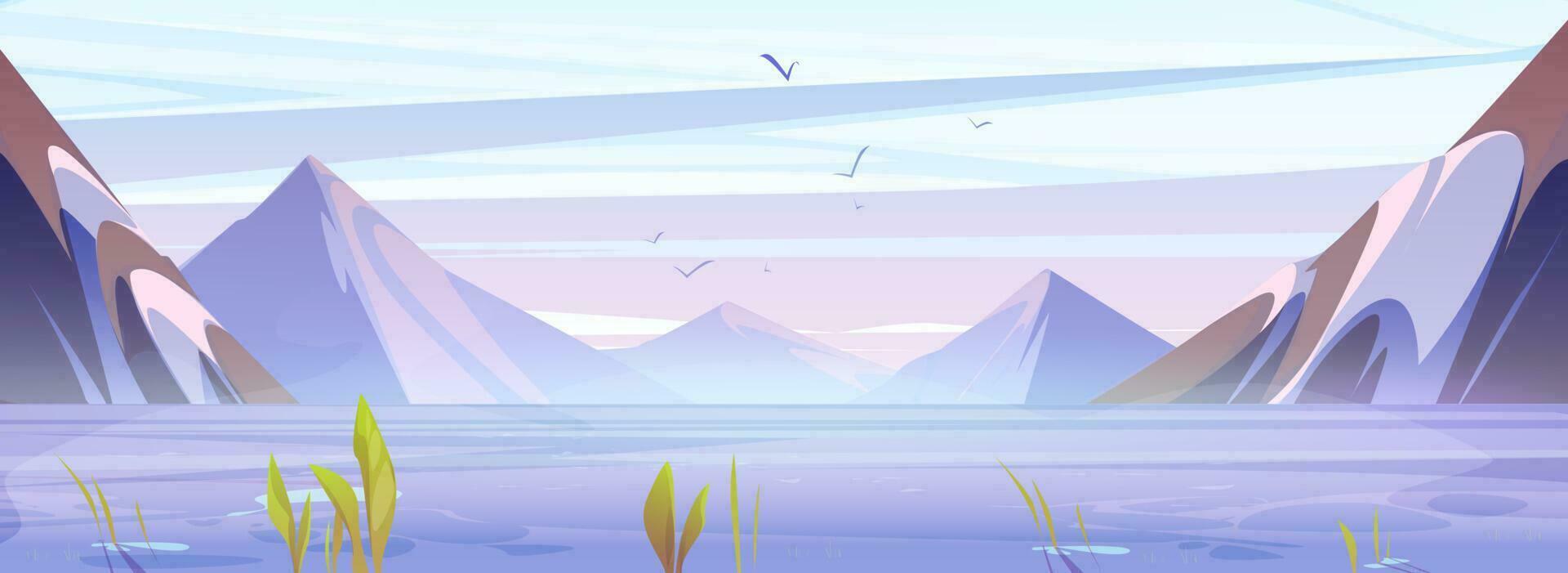 sommar morgon- berg landskap med sjö vektor