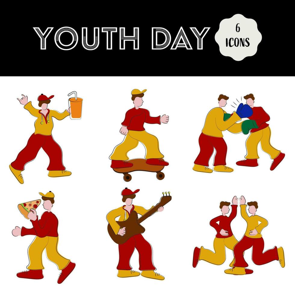 Karikatur jung Mann genießen Jugend Tag mit Getränke, Pizza, Gitarre, Boxen, und Skaten im anders Plattform. vektor
