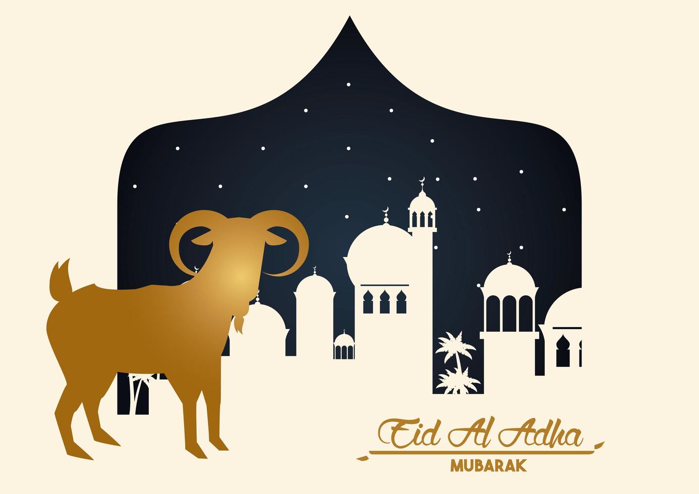 eid al adha Feierkarte mit goldener Ziege und Stadtbild vektor