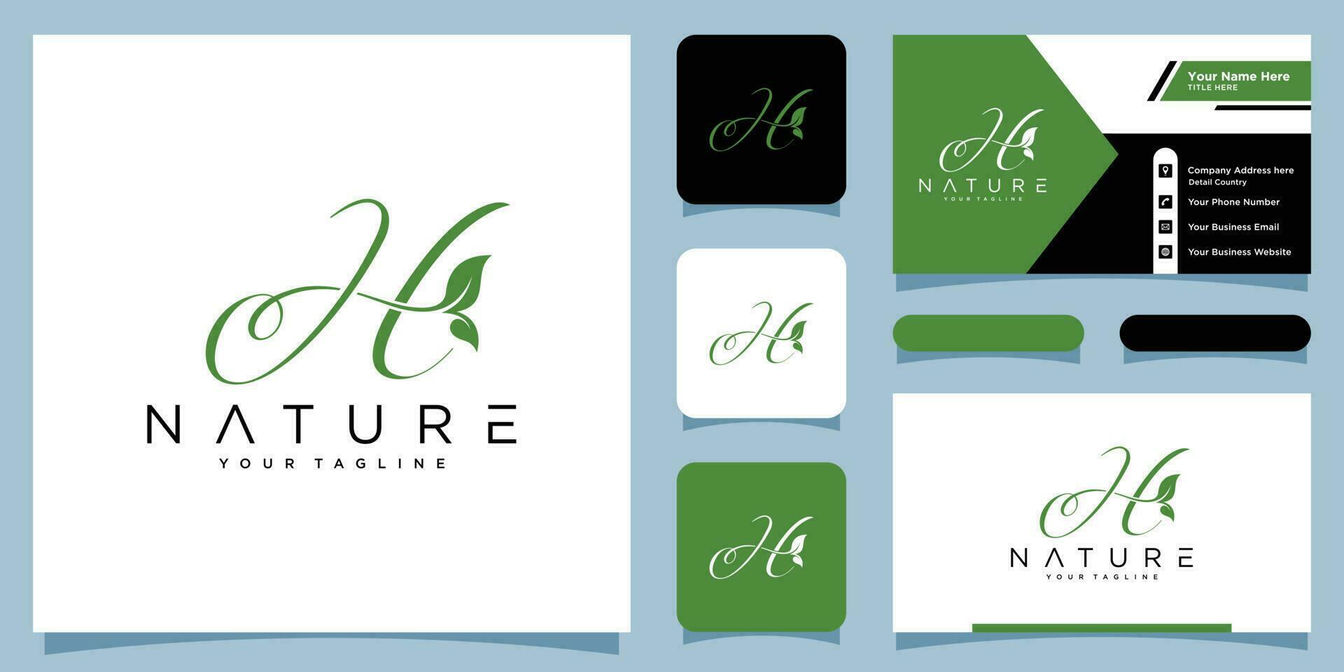 Initiale Brief h mit Blatt Luxus Logo. Grün Blatt Logo mit Geschäft Karte Design Prämie Vektor