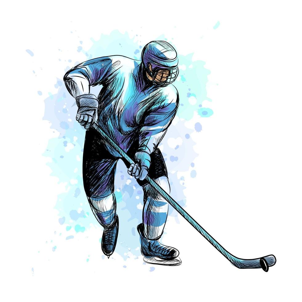 abstrakter Hockeyspieler vom Spritzen der Aquarellhand gezeichneten Skizze Wintersportvektorillustration von Farben vektor