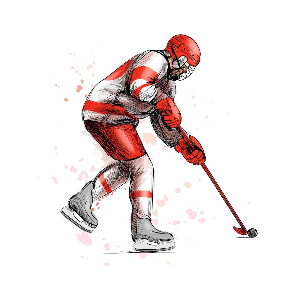 abstrakter Hockeyspieler vom Spritzen der Aquarellhand gezeichneten Skizze Wintersportvektorillustration von Farben vektor