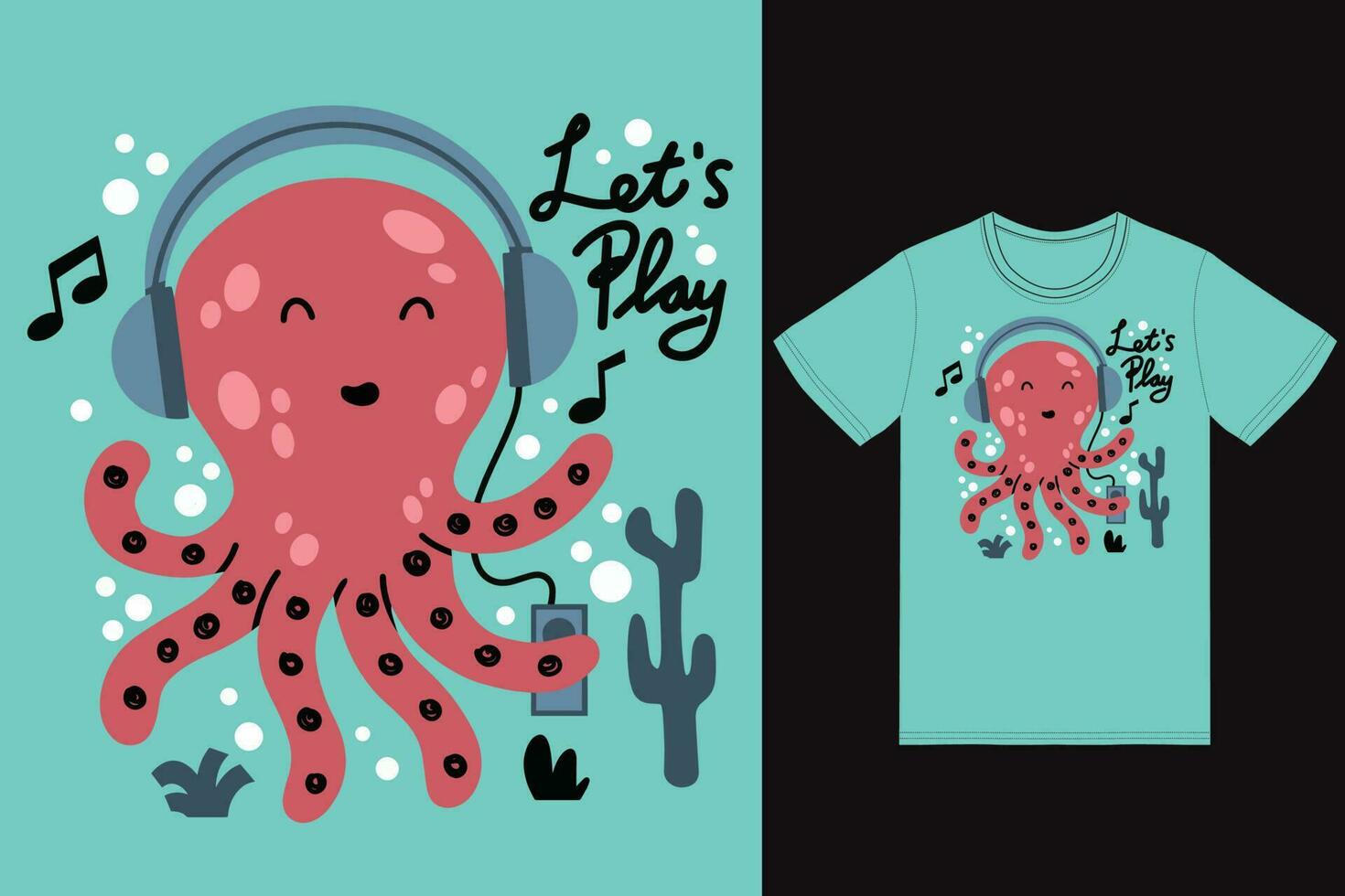 söt bläckfisk lyssnande musik illustration med tshirt design premie vektor