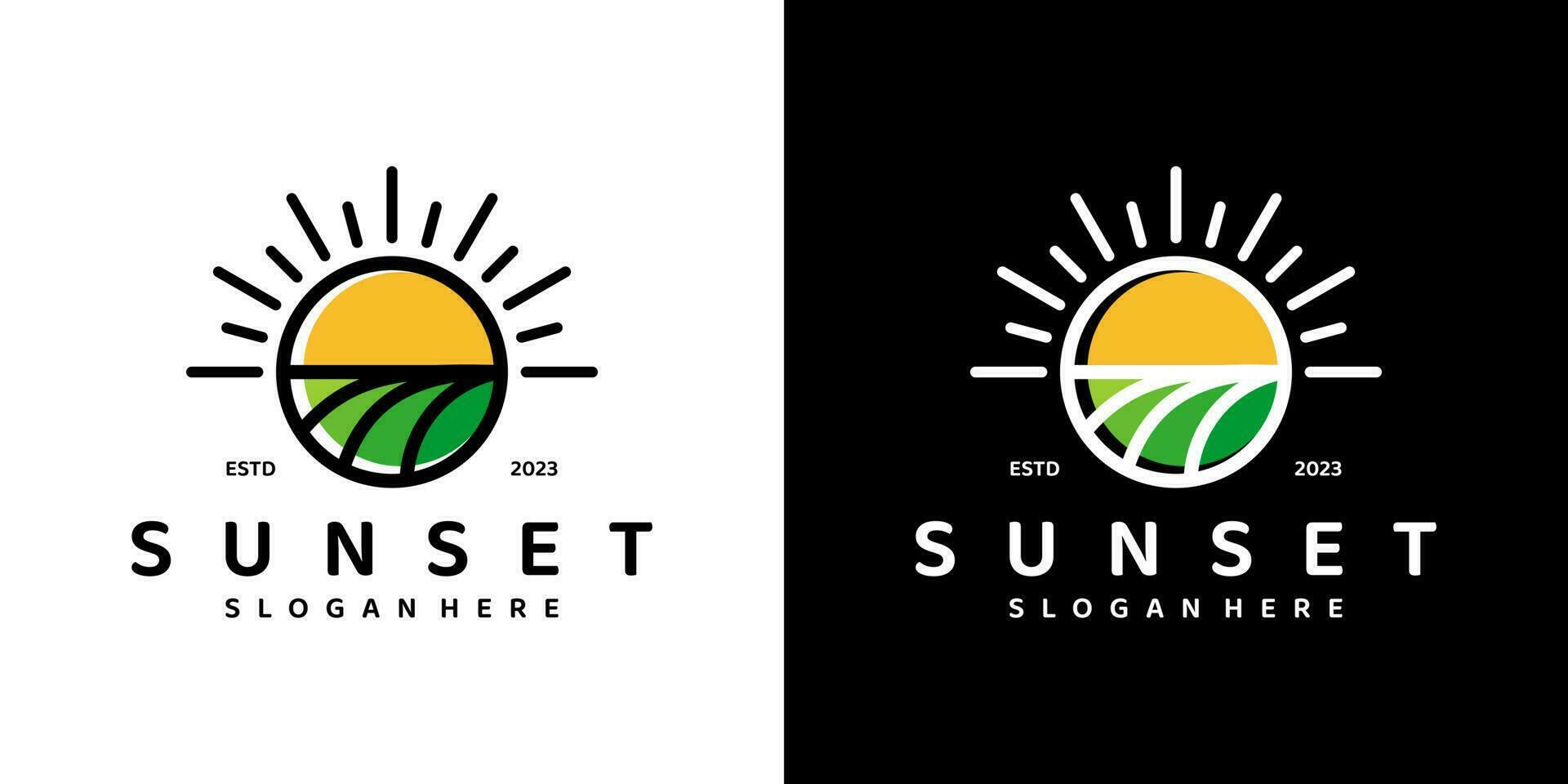 Sonnenuntergang Logo Design Vorlage mit Ackerland Landschaft Grafik Design Vektor Illustration. Symbol, Symbol, kreativ.