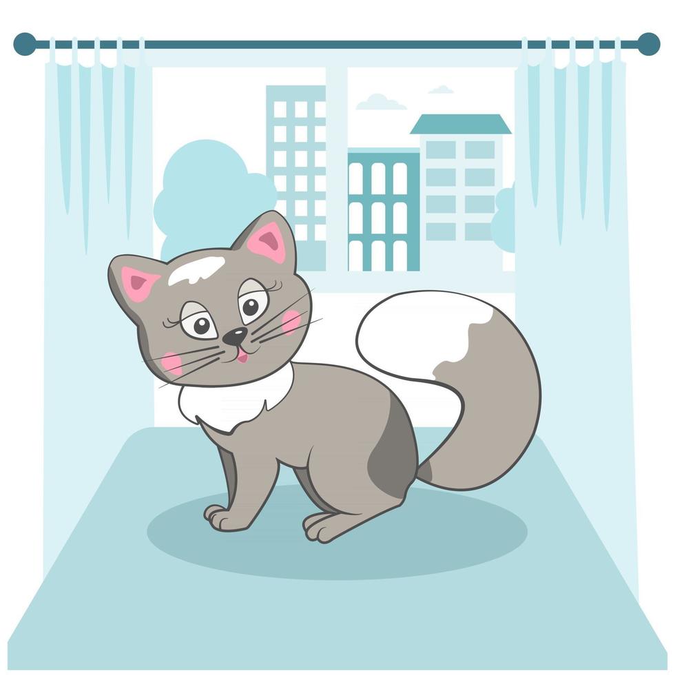 niedliche Katze auf dem Hintergrund eines Fensters mit einer Stadtlandschaftsvektorillustration im Karikaturstil vektor