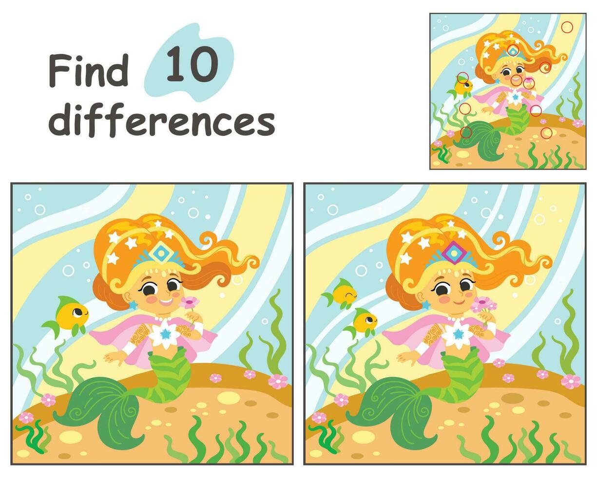 finden 10 Unterschiede mit glücklich Meerjungfrau Vektor Illustration