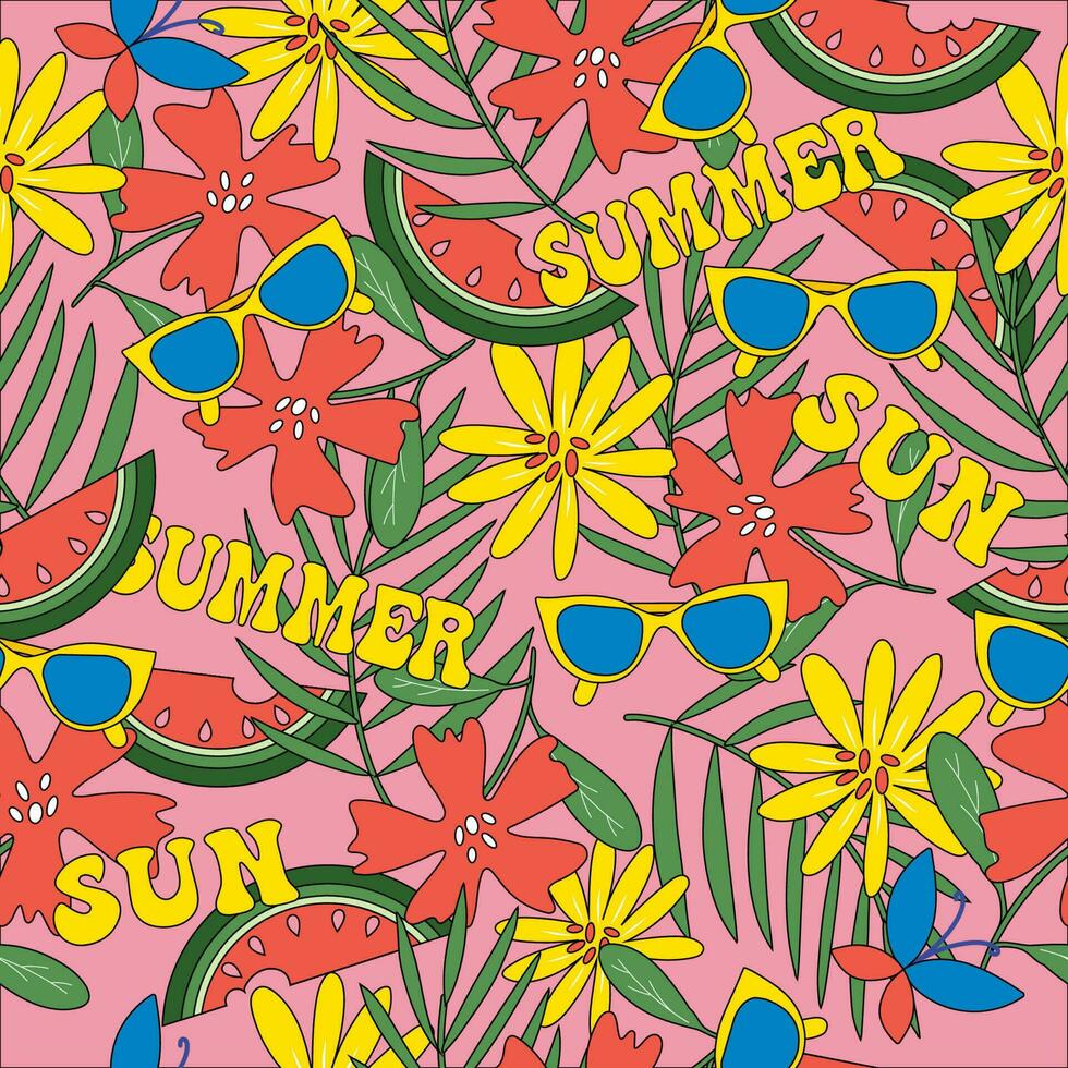 bunt nahtlos Sommer- Poster mit Blumen, Wassermelone, Sonnenbrille auf Rosa Hintergrund. vektor