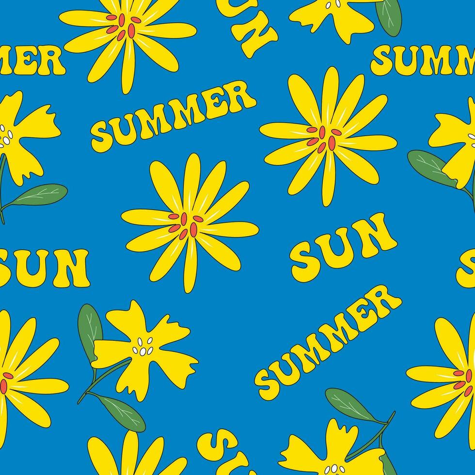 blå och gul sömlös mönster med fantastisk blommor och ord sommar och Sol. vektor design för papper, omslag, kläder, tyg.