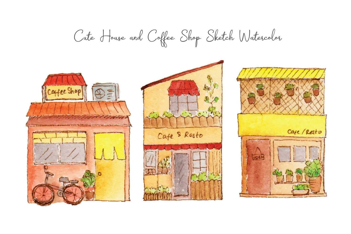 süß Gebäude Haus und Cafe skizzieren Aquarell Sammlung vektor