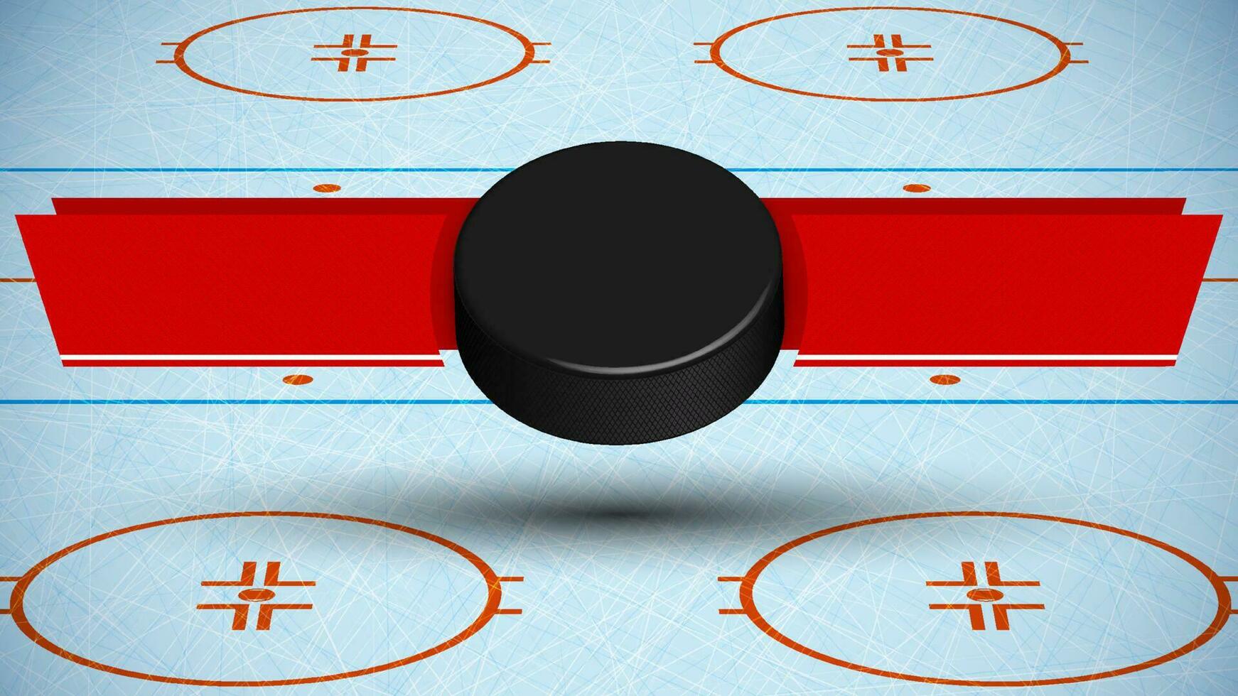 Vorlage zum Turnier mit Eis Eishockey Puck auf Hintergrund von Sport Eis Eisbahn mit Bänder zum Ankündigung von Namen von Mannschaften. Vektor