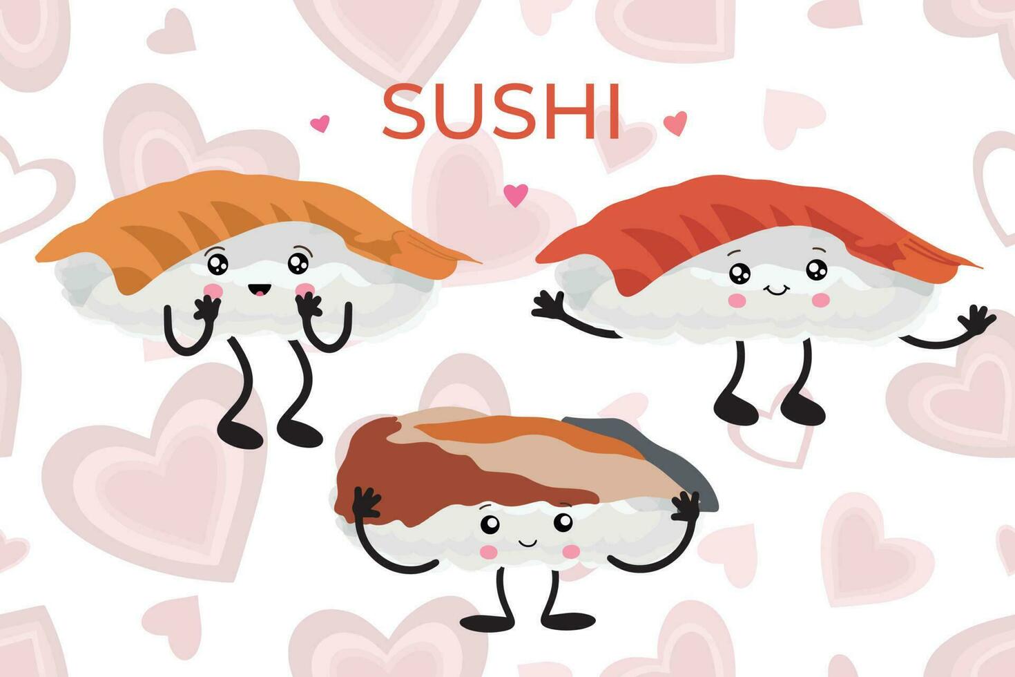 kawaii Sushi nahtlos Muster. Vektor Hintergrund von süß Sushi, Rollen, Sashimi mit lächelnd Gesicht und Rosa Wangen im kawaii Stil. japanisch asiatisch traditionell Essen