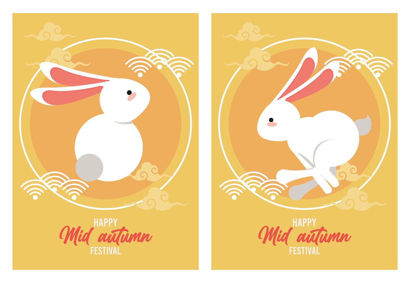 glückliche Mittenherbstbeschriftungskarten mit springendem Kaninchen vektor