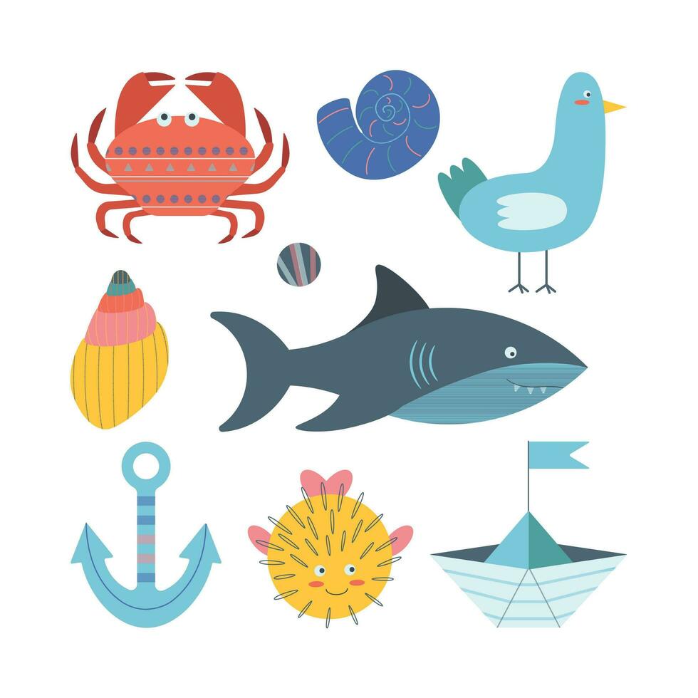 einstellen von Marine Elemente Fisch, Anker, Hai, Muscheln, Boot, Krabbe im eben Karikatur Stil. vektor