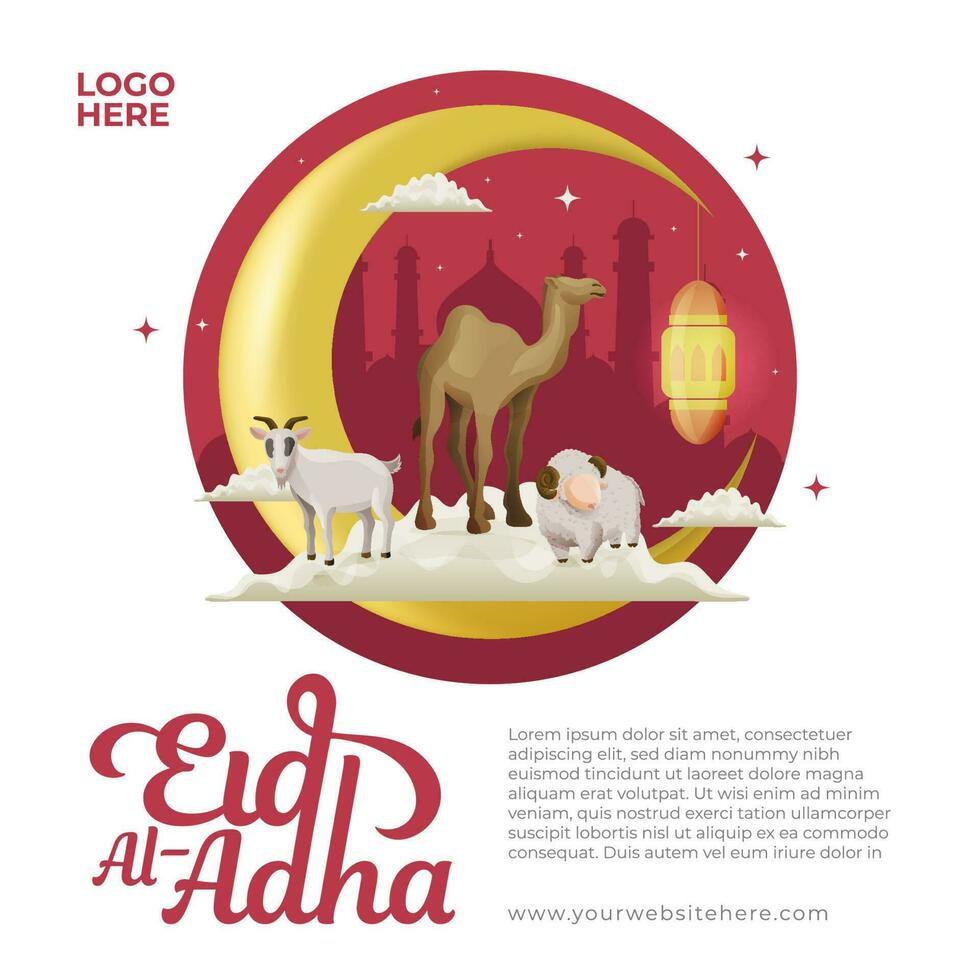 eid al Adha social media baner mall med offra djur- på moln och halvmåne måne lykta moské bakgrund vektor
