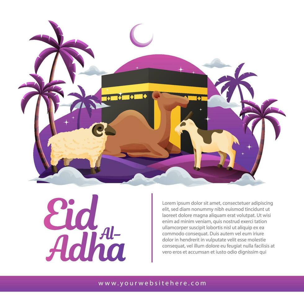 eid al Adha social media baner mall med offra djur- handflatan träd halvmåne måne och kaaba bakgrund vektor