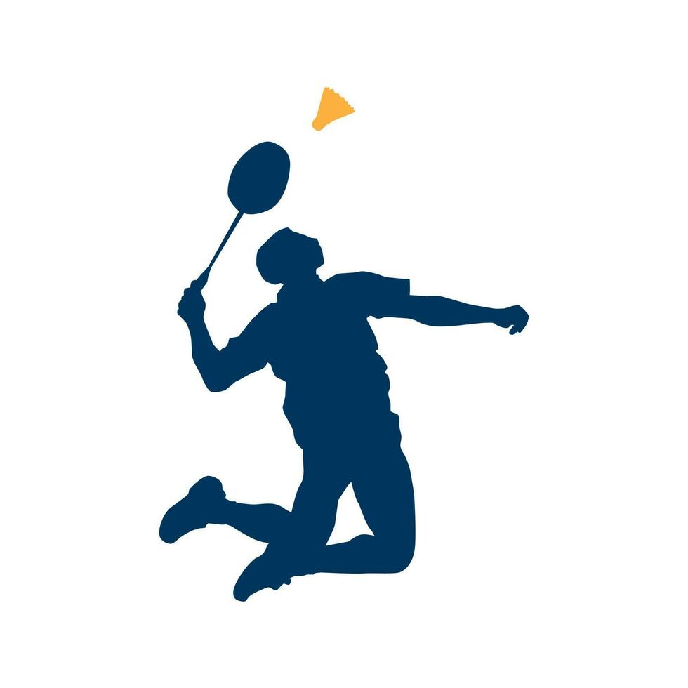 moderner leidenschaftlicher Badmintonspieler im Action-Logo - leidenschaftlicher Siegmoment-Smash. abstrakter professioneller junger badmintonsportler in leidenschaftlicher pose. vektor