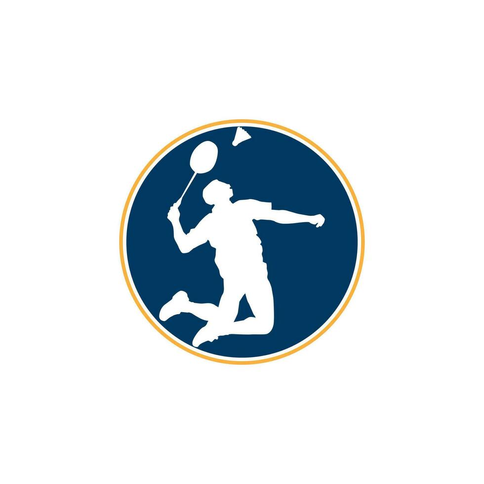 moderner leidenschaftlicher Badmintonspieler im Action-Logo - leidenschaftlicher Siegmoment-Smash. abstrakter professioneller junger badmintonsportler in leidenschaftlicher pose. vektor