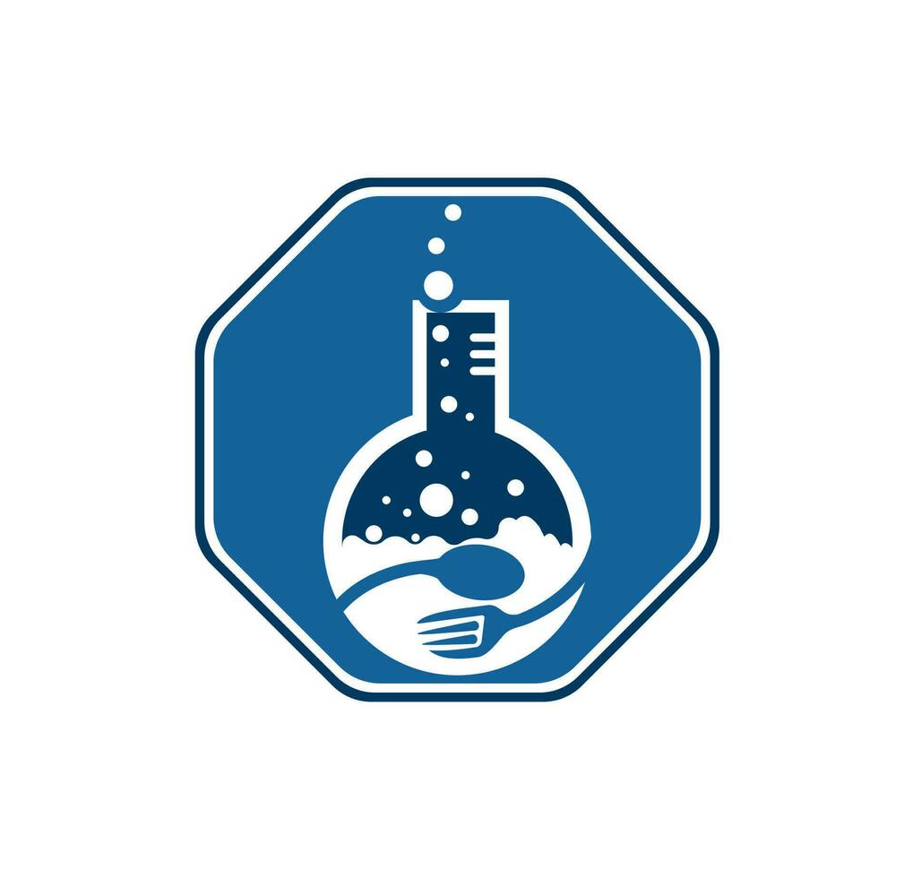 Essen Labor Logo Vektor Symbol Illustration Design Vorlage. Labor logo.lab Prüfung Tube mit Löffel und Gabel.
