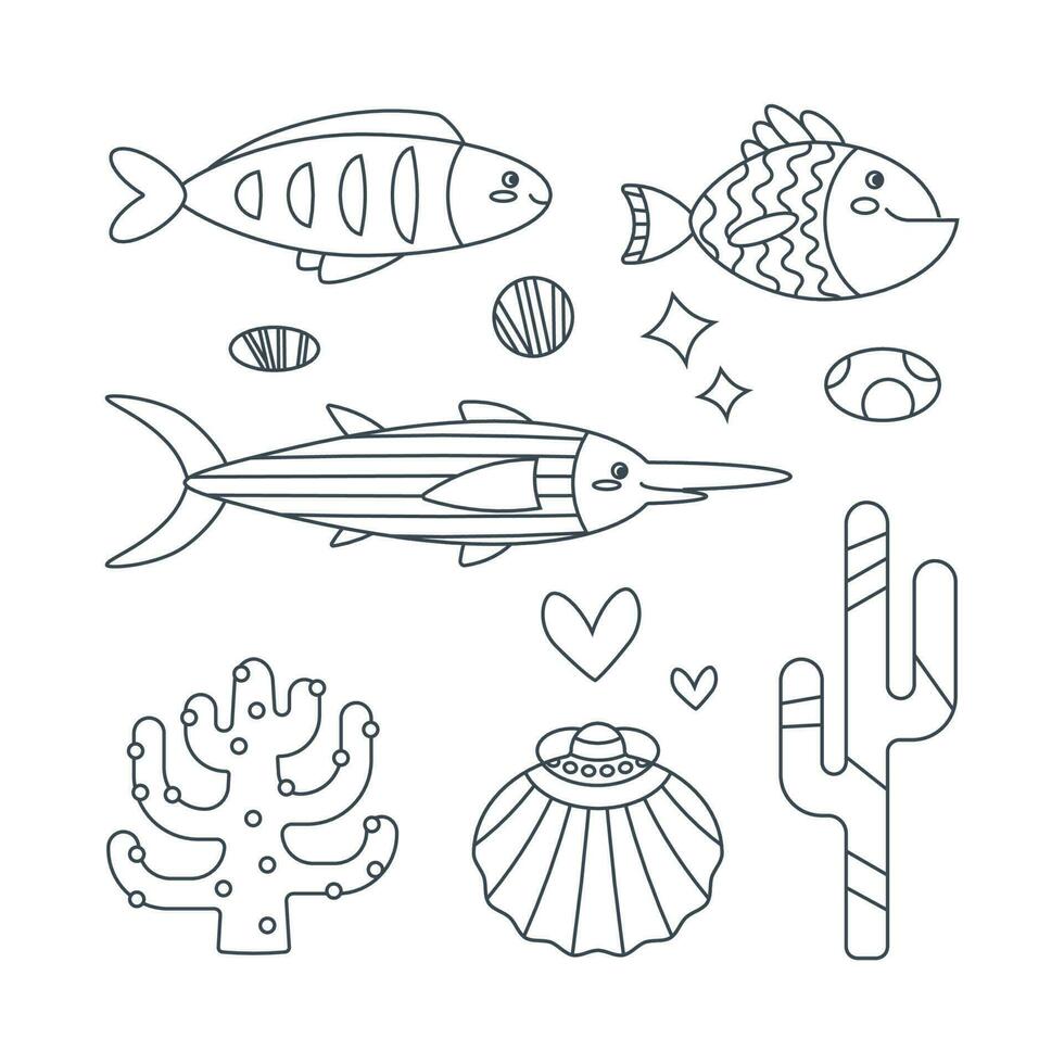 uppsättning av marin element av fisk, skal, tång i platt tecknad serie stil. linje konst. vektor