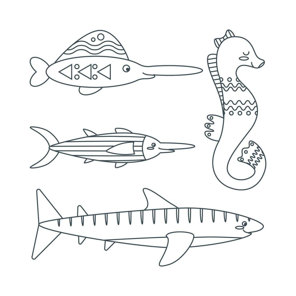 uppsättning av marin element svärdfisk, haj, sjöhäst i platt tecknad serie stil. linje konst. vektor
