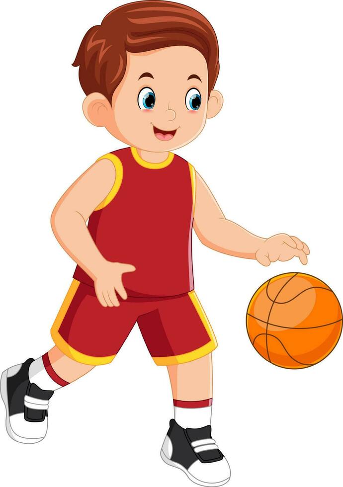 ein jung Mann spielen Basketball mit ein rot Basketball Hemd vektor