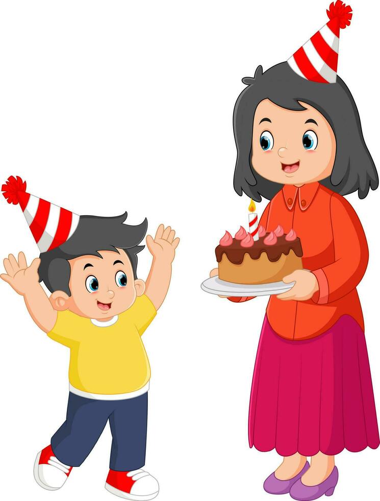 en mor bär en röd klänning är bärande en födelsedag kaka till fira henne söner födelsedag fest vektor