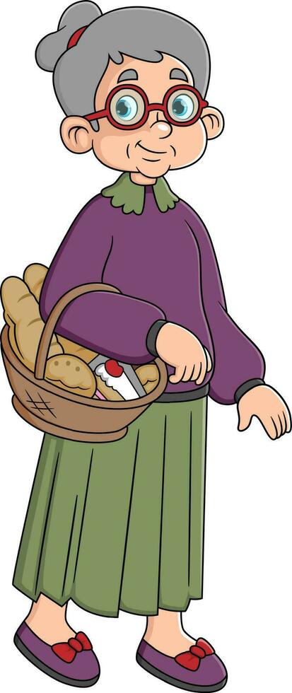 ein alt Frau Tragen ein Korb von sortiert Brot vektor