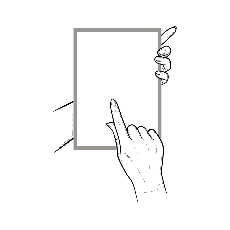 händer innehav läsplatta med index finger svep i pekskärm. vertikal läsplatta i händer av en mänsklig. vektor illustration isolerat i vit bakgrund
