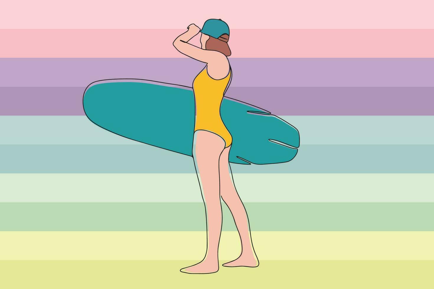 kontinuierlich Zeichnung von ein Surfer Mädchen mit ein Surfbrett, Zeichnung von ein Single Linie von ein Surfer Mädchen. Vektor Illustration