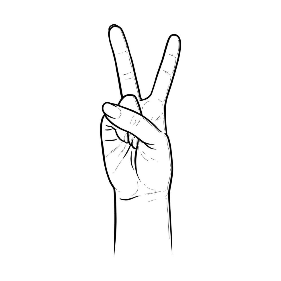 Hippie Frieden Zeichen mit zwei Finger. Hand Geste wie Symbol von Sieg. Vektor Illustration isoliert im Weiß Hintergrund