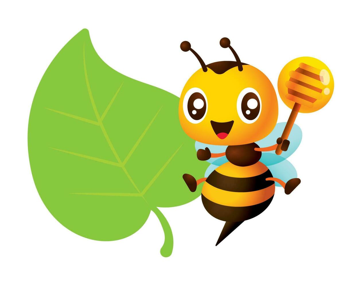 tecknad serie söt bi håll honung dipper med tömma grön blad form skylt vektor