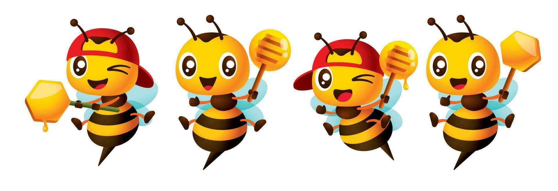 tecknad serie söt bi maskot uppsättning med annorlunda poser innehav honung dipper och vaxkaka vektor illustration
