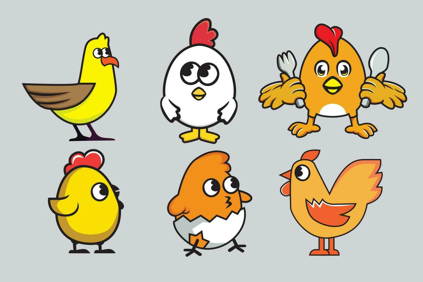 kycklingar och hönor i tecknad serie stil, vektor illustration.