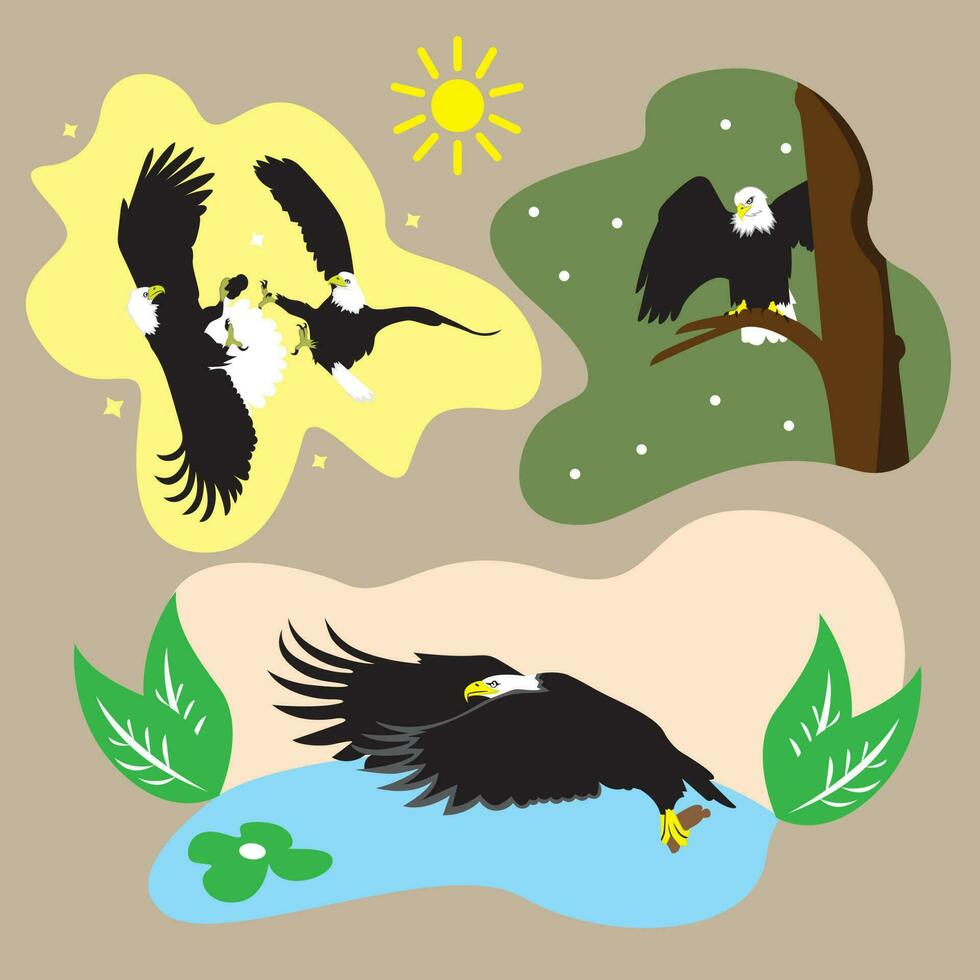 kahl Adler und Möwe im das Wald. Vektor Illustration