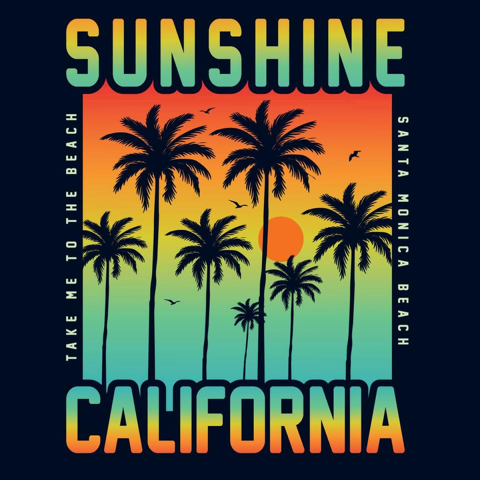 sommar solsken kalifornien retro stil. ta mig till de strand. santa monica strand. text med handflatan träd illustration, för t-shirt grafik, affischer. sommar strand vektor illustration.