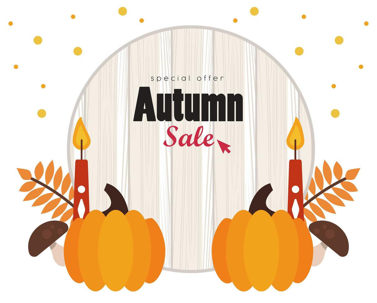 Herbstverkaufssaisonplakat mit Kerzen und Kürbissen im hölzernen Hintergrund vektor