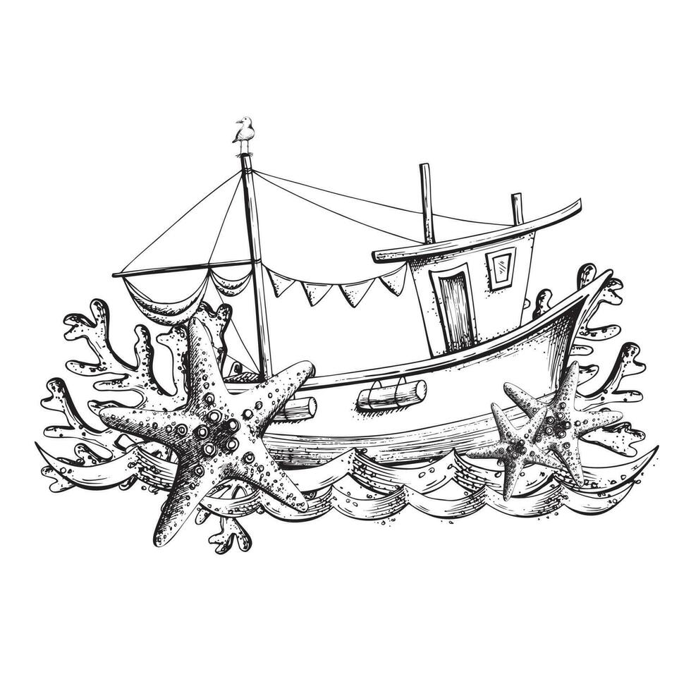 fiske båt med flagga girlander, vågor, sjöstjärna och koraller. illustration ritad för hand i grafik. eps vektor. isolerat sammansättning vektor