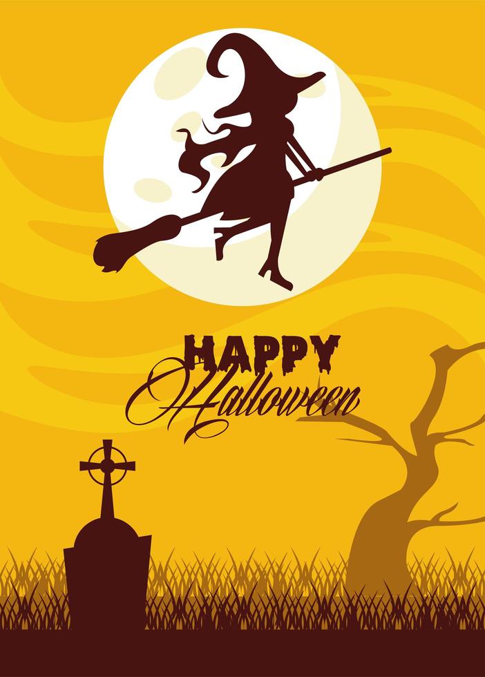 glückliche Halloween-Feierkarte mit der Hexe, die im Friedhof fliegt vektor