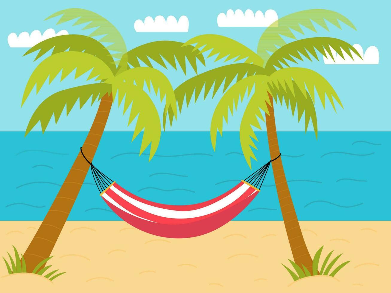 Vektor sandig Strand mit Palmen und Hängematte eben Illustration. eben Stil Strand Landschaft Illustration mit Grün tropisch Palmen und Hängematte