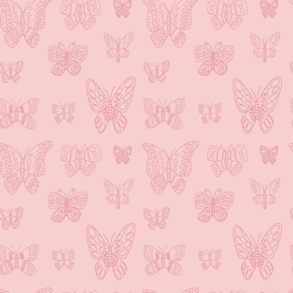 klotter fjäril sömlös mönster vektor mönster. hand dragen annorlunda typer av fjärilar på rosa bakgrund