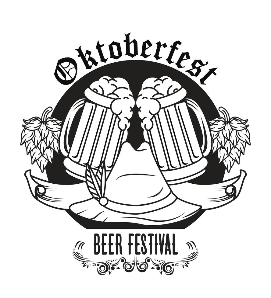 oktoberfest firande festival med tyrolsk hatt och ölburkar ritning vektor