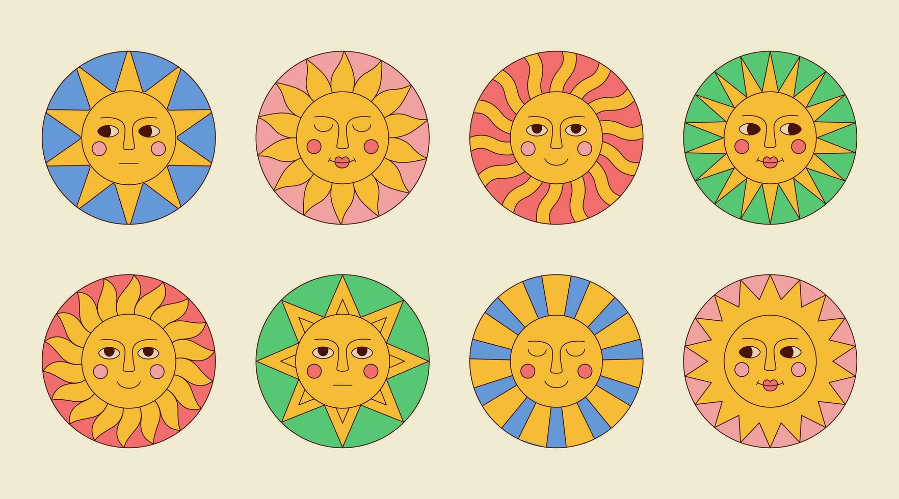 Sammlung von groovig Sonne Karikatur Zeichen mit komisch Gesichter im retro trippy Stil. vektor